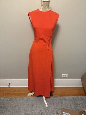 REISS Stacey Orange Ruched Midi Dress Sleeveless US 2 $395
